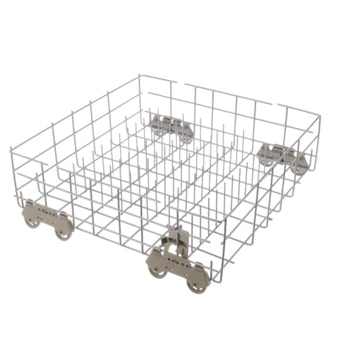 An angled perspective of the Whirlpool W10833650 lower dishrack, showing the silver wire construction and the attached wheel assemblies.