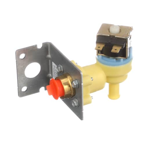 A close-up of the brass water inlet fitting on the Whirlpool W11082871 valve, with its red plastic shipping cap