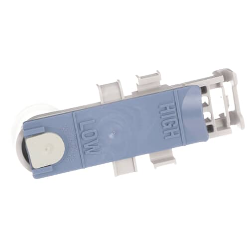 The top view of the Whirlpool W11157083 rack adjuster, with the blue lever showing the 'LOW' and 'HIGH' position settings.