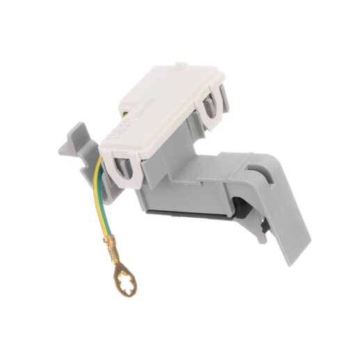 An angled perspective of the Whirlpool WP3362628 washer lid switch, highlighting the white top cover, gray body, and the ground wire with its ring terminal.