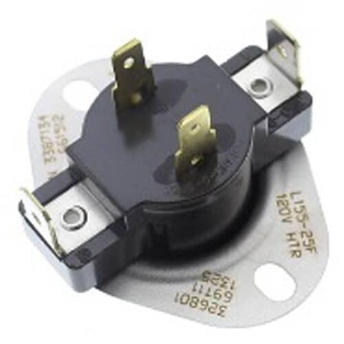 Front view of the Whirlpool WP3387134 dryer cycling thermostat (L155-25F) with four spade terminals.