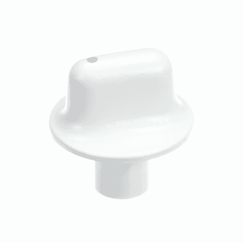 A white, slightly conical control knob with a flat skirt, viewed from a three-quarter angle against a white background.