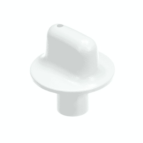 The underside of the white control knob against a white grid, clearly showing the central D-shaped opening for the control shaft.