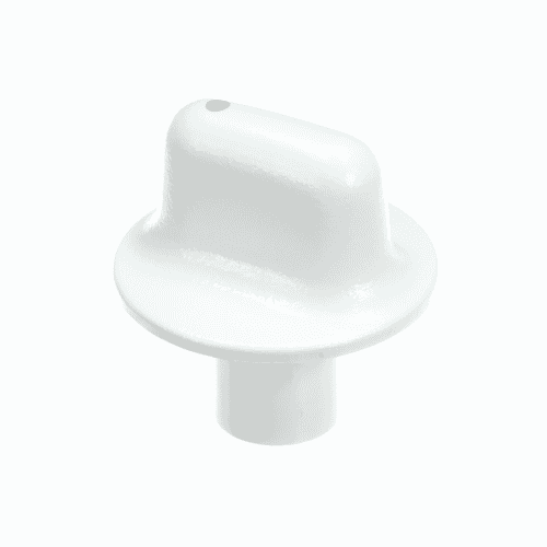 A side profile view of the white appliance knob, showing the rounded top profile and the straight stem base.