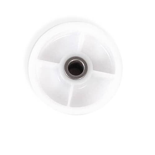 A front-on view of the Whirlpool WP6-3700340 dryer idler pulley, showing the four-spoke design inside the wheel.