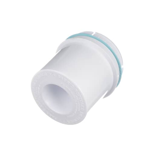 An angled view of the white Whirlpool WP63594 washer fabric softener dispenser, showing the blue o-ring seal at the top.