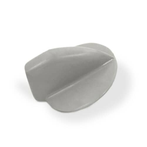 A side profile view of the smooth, light grey Whirlpool WP8181859 control knob.
