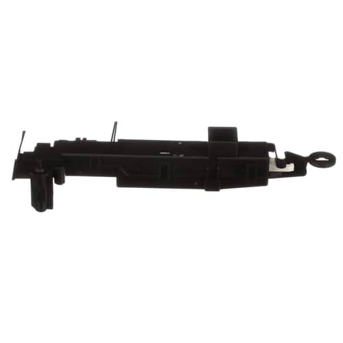An angled view of the black Whirlpool WP8182634 washer door lock assembly, showing the main body and the manual release loop.