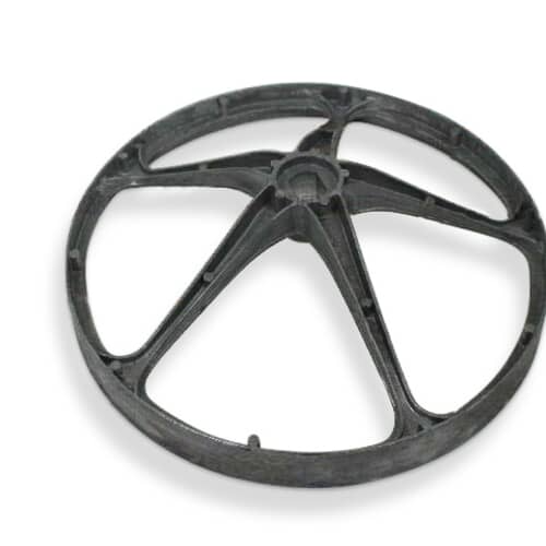 A rear angled view of the cast metal Whirlpool WP8182650 washer drive pulley, showing the recessed five-spoke design.