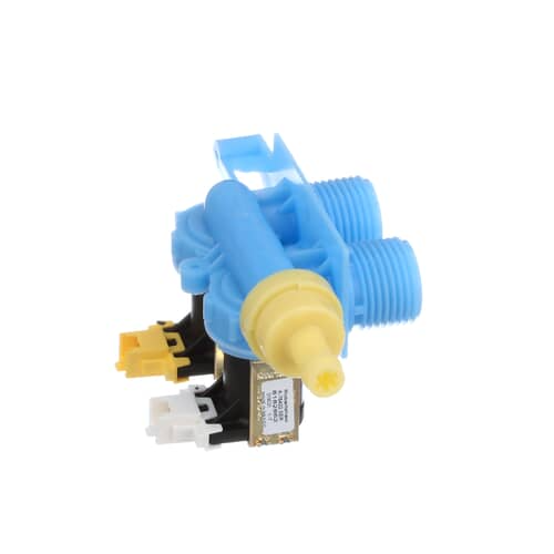 An angled view of the blue Whirlpool WP8182862 washer water inlet valve, showing the hot and cold inlets, outlet, and solenoids.