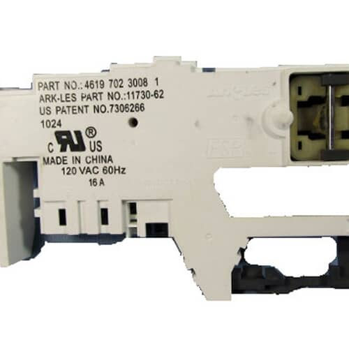 A close-up view of the Whirlpool WP8183270 washer door lock assembly, showing the part number and electrical rating information.