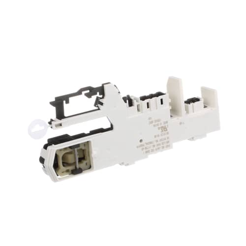 A side-angled view of the Whirlpool WP8183270 door lock, highlighting the complete assembly from the latch entry to the electrical connectors