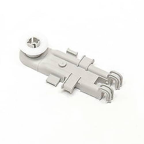 An angled view of the gray Whirlpool WP8268655 upper dishrack roller assembly, showing the white wheel and the clips for attachment