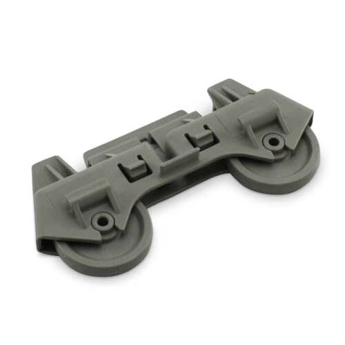 An angled perspective of the gray Whirlpool WP8268713 dishrack wheel assembly, showing its dual rollers and plastic clip-on body.