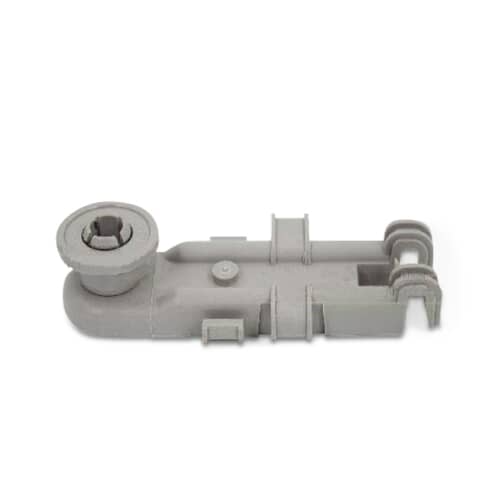 The underside of the gray Whirlpool WP8268743 upper dishrack roller, showing the mounting clips and the bottom of the wheel.