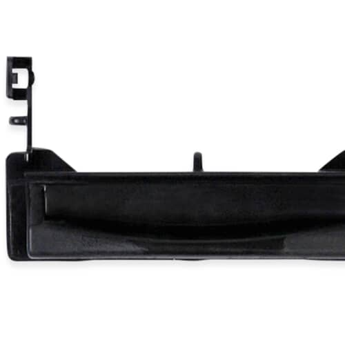 A close-up front view of the black Whirlpool WP8269117 dishwasher door latch handle, showing the textured grip.