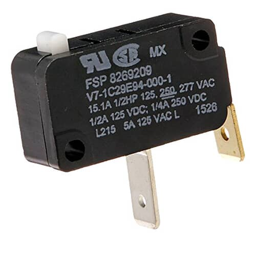 A close-up of the Whirlpool WP8269209 door switch, with the part number, voltage, and amperage ratings clearly visible on the casing.