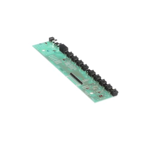 A side-angled view of the long, green Whirlpool WP8270168 user interface circuit board, showing the row of black button actuators.