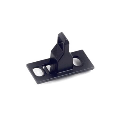 An angled view of the black plastic Whirlpool WP8318084 washer lid strike, showing the top of the catch and the two mounting holes.