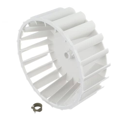 A white plastic dryer blower wheel with numerous blades, shown at an angle with a metal retaining clip beside it.
