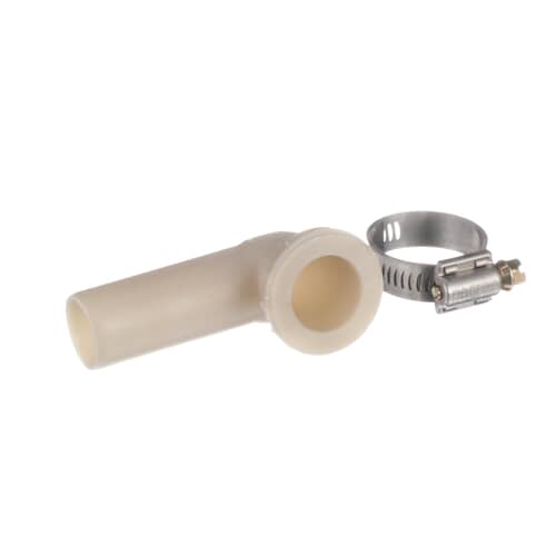 Side view of Whirlpool 208847 siphon break elbow with clamp for washer drain connection.