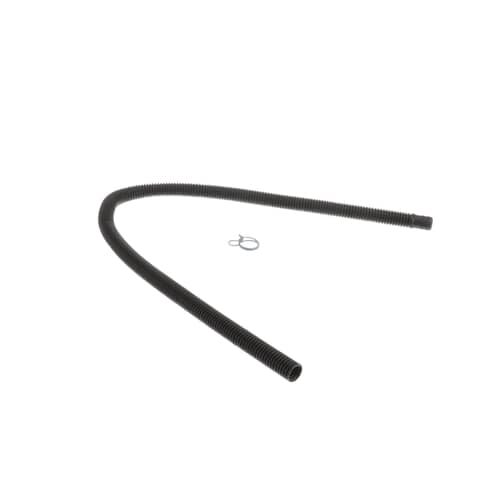 Side view of Whirlpool 285863 Washer Drain Hose Extension Kit displaying full hose length and included clamp.