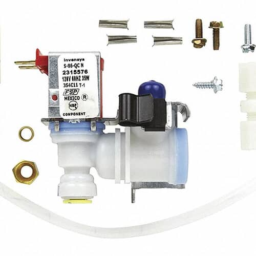 Authentic Whirlpool 4318047 refrigerator water inlet valve assembly kit including hardware and tubing components for reliable water flow.