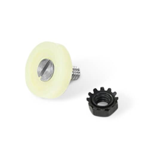 Whirlpool 814229 dishrack roller wheel assembly kit, showing the white plastic roller and black locking nut.