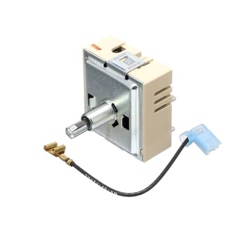 Close-up of the metal switch body and attached wire leads on the Whirlpool 8203536 infinite switch.