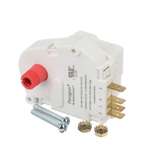 Angle view of Whirlpool R0131577 OEM defrost timer assembly with included mounting screws.