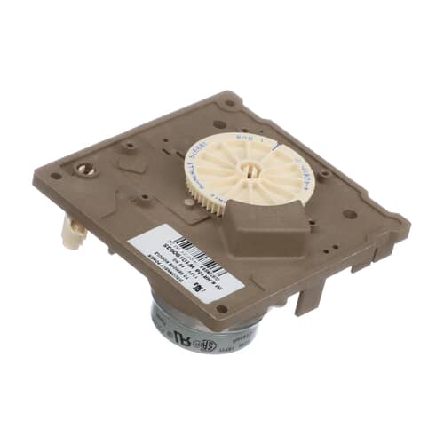 Rear view of Whirlpool W10190935 ice maker motor module with timing gear and mounting bracket.
