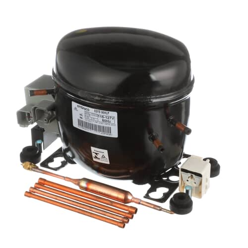 Angled view of Whirlpool W10309994 OEM refrigerator compressor showing copper tubing and electrical components.