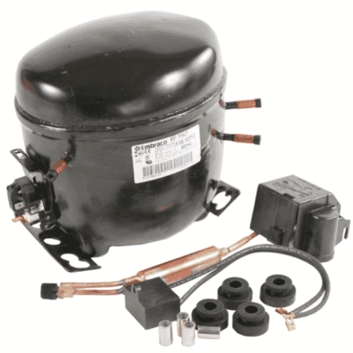 Front view of Whirlpool W10309994 refrigerator compressor with mounting parts and wiring harness.