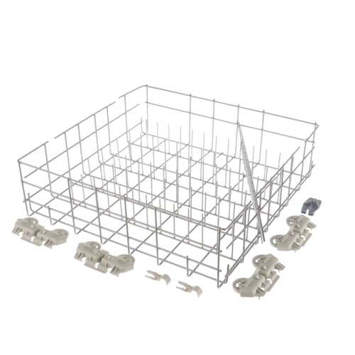 Whirlpool W10311986 lower dishrack assembly with wheel clips and metal rack structure.