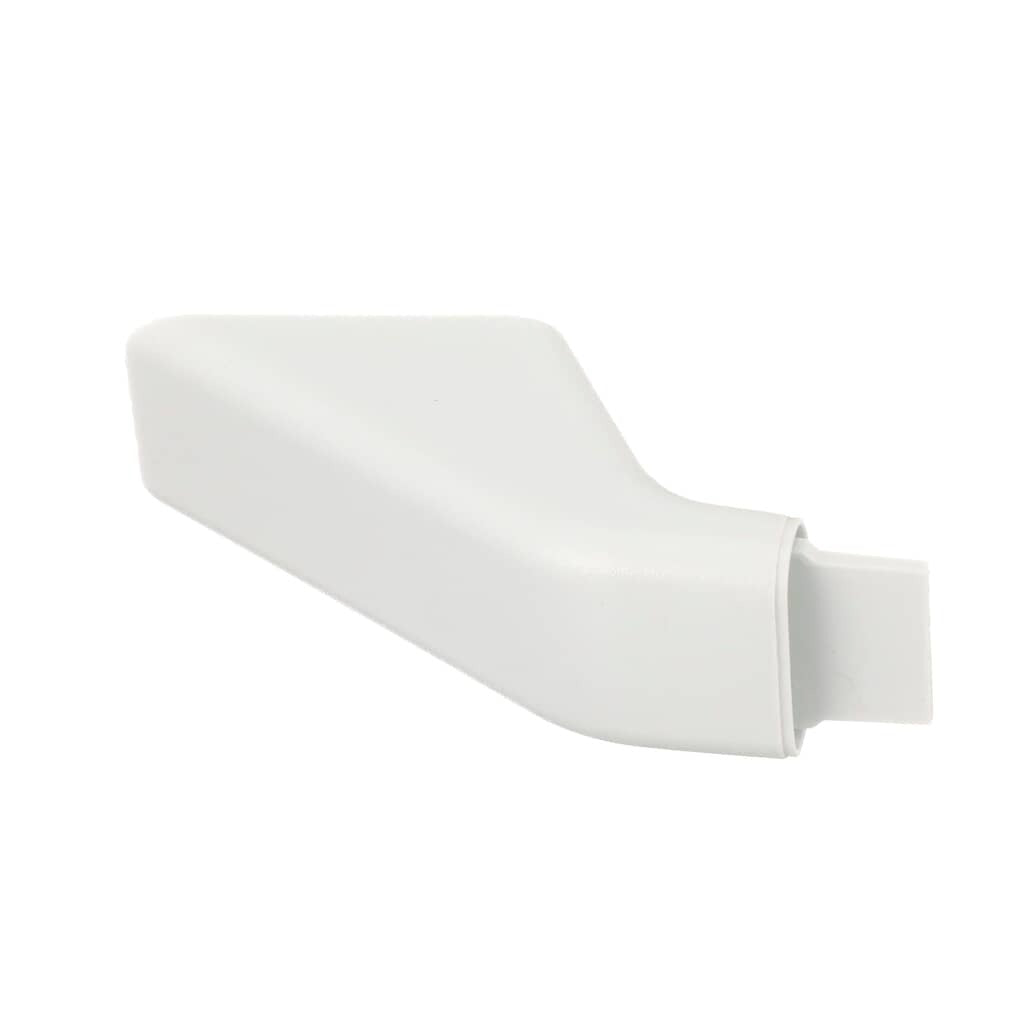 An angled view of a smooth white appliance handle end cap.