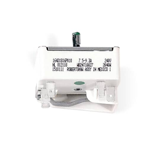 A white electrical infinite switch module viewed from the top. Visible labeling includes power ratings and part numbers like '164D1816P010' and 'WB24T10027'.