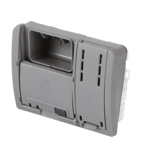 Angled view of the gray Bosch 645208 dishwasher detergent dispenser showing the detergent cup door