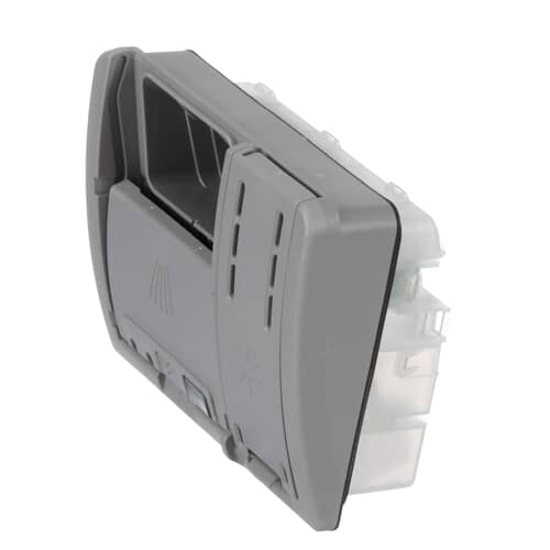 Side profile of the Bosch dishwasher detergent dispenser showing the attachment components
