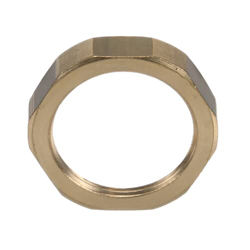 Close-up of a brass hexagonal nut.