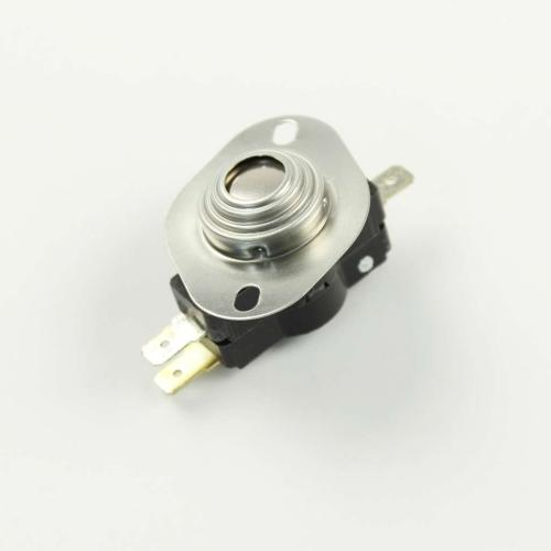 Angled view of the disc-shaped thermostat attached to its black housing, showing two spade terminals.