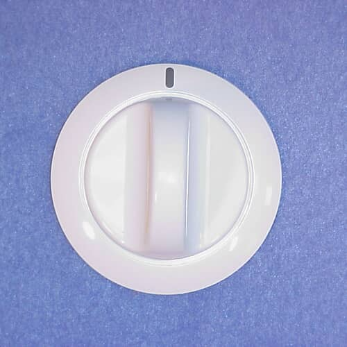 Front view of the white timer knob with gray handle section against a blue background.