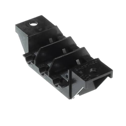 Angled view of the black plastic terminal block assembly without wires attached, showing the insulation barriers.