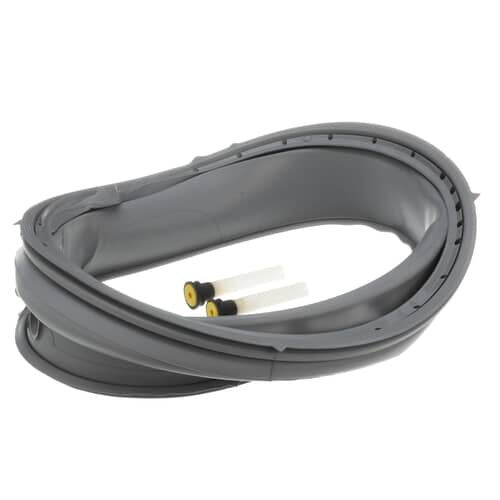 Angled view of the gray washer door boot seal with included venting accessories