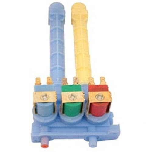 Electrolux 134866600 inlet valve showing yellow and blue outlet tubes attached to solenoids