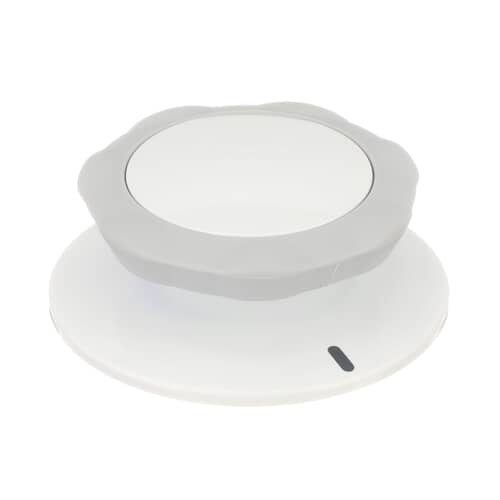 Angled view of the white and gray scalloped timer knob showing the mounting shaft.