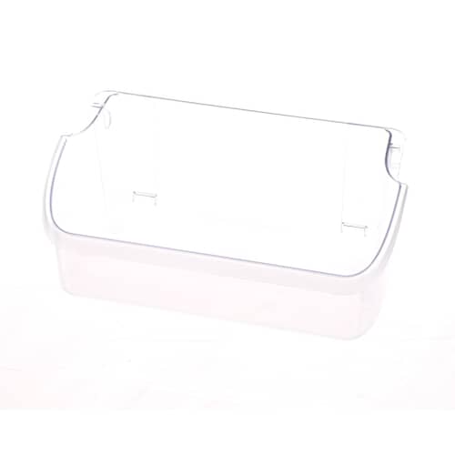 Angled view of the clear plastic refrigerator door bin against a white background, showing the side indentations for mounting.