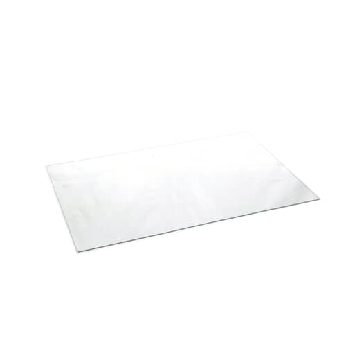 Angled view of the rectangular clear glass or plastic shelf against a white background.