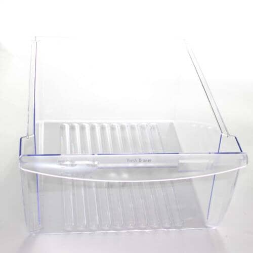 View showing the front lip and handle area of the clear crisper drawer.