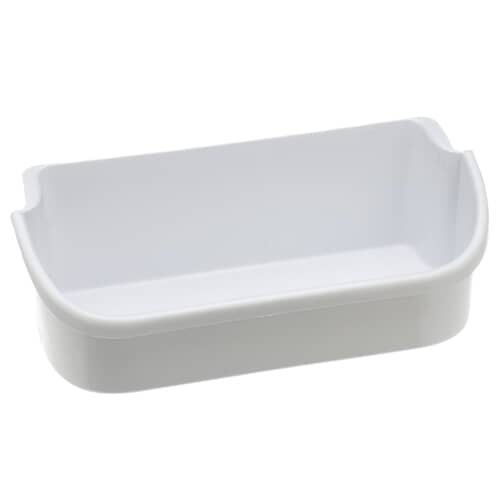 Angled view of the white plastic refrigerator door bin against a white background, showing the slight curve.