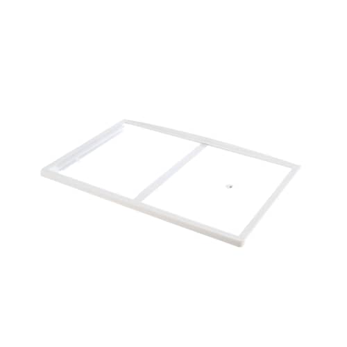 Angled view of the shelf, appearing mostly clear/white plastic, showing the raised lip around the edge.